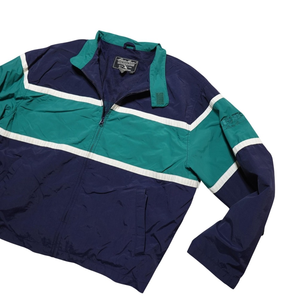 Vintage Eddie Bauer Jacket Mens XL Blue Green Striped Windbreaker Hong Kong